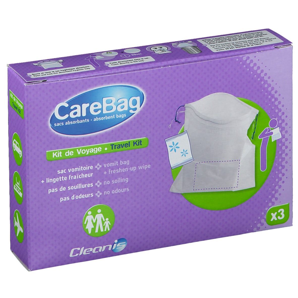 Verpackung mit CareBag-Beuteln. Lila Karton mit Produktabbildung und Text. Enthält 3 Beutel und ein Reinigungstuch.