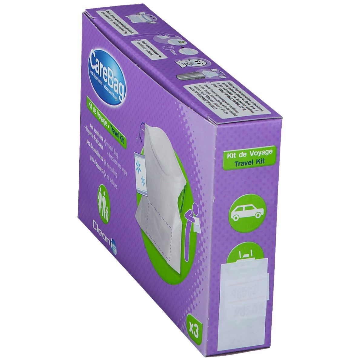 Schrägansicht der CareBag-Verpackung. Lila Karton mit Produktabbildung und Text. Enthält 3 Beutel und ein Reinigungstuch.