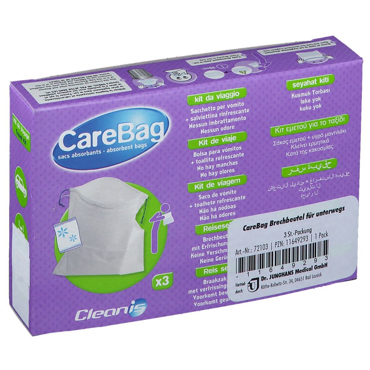 CareBag-Verpackung mit Text in mehreren Sprachen. Lila Karton mit Produktabbildung. Enthält 3 Beutel und ein Reinigungstuch.