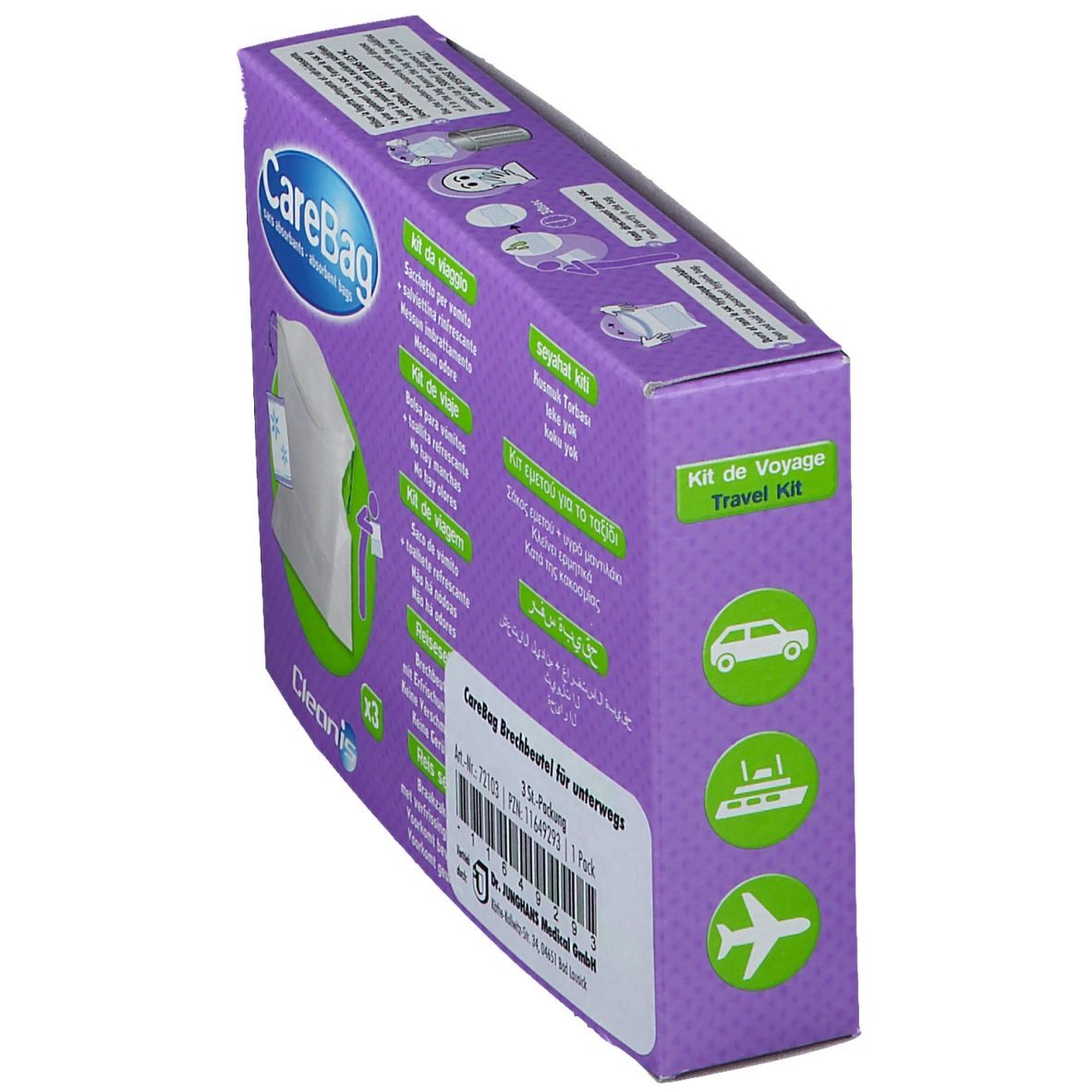 Schrägansicht der CareBag-Verpackung. Lila Karton mit Produktabbildung und Text. Enthält 3 Beutel und ein Reinigungstuch.