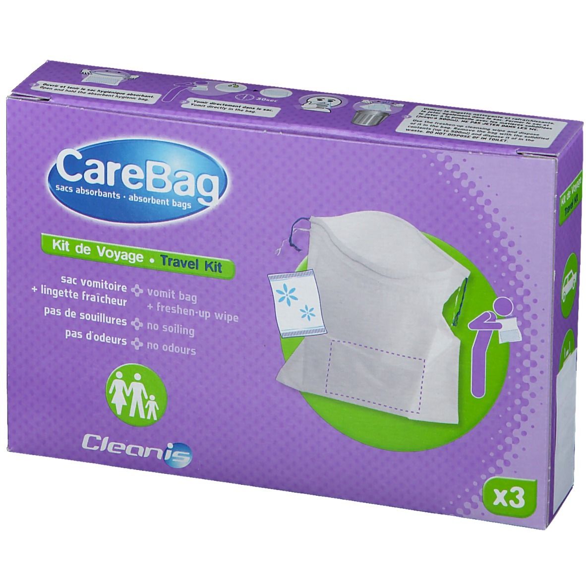 Verpackung mit CareBag-Beuteln. Lila Karton mit Produktabbildung und Text. Enthält 3 Beutel und ein Reinigungstuch.