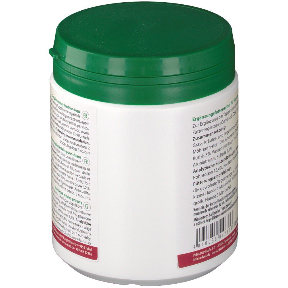 Weißer Behälter mit grünem Deckel. Text in mehreren Sprachen, darunter Deutsch und Französisch. Etikett mit Produktinformationen.