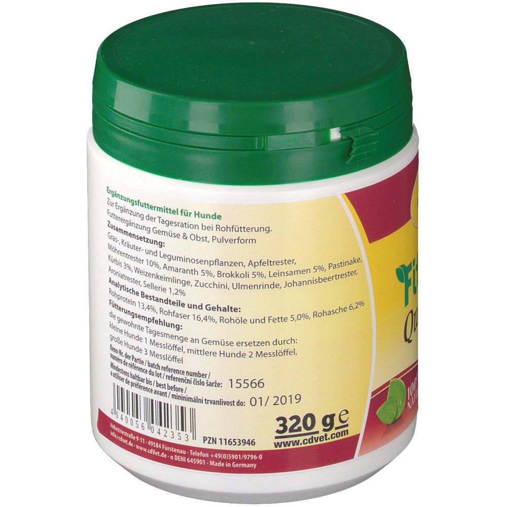 Weißer Behälter mit grünem Deckel. Etikett mit Produktinformationen, Zutatenliste und Chargennummer. Gewicht: 320g.