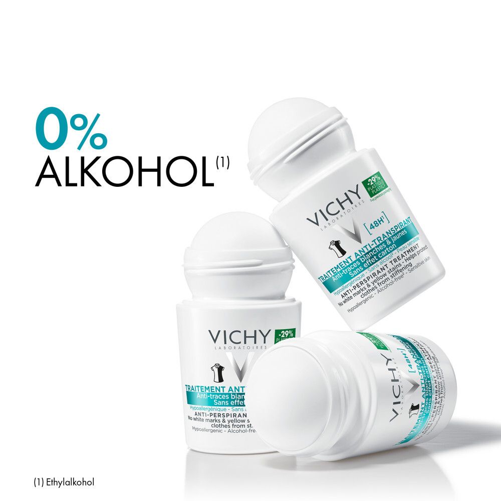 Drei Roll-on-Deos. VICHY-Logo, Anti-Transpirant 48h. Grüne Aufschrift: -29% Plastik. Text: 0% Alkohol.
