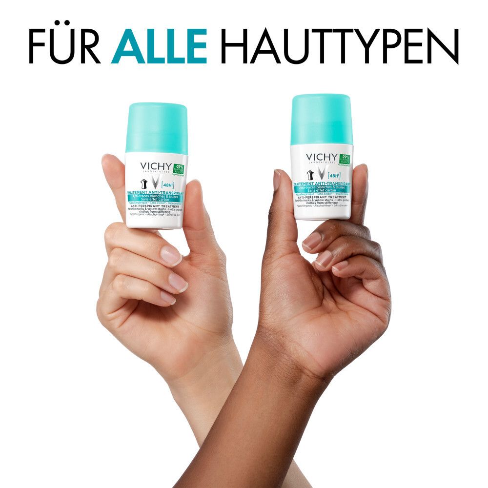 Zwei Hände halten je einen Roll-on. Türkis-weiße Flaschen. Aufschrift: VICHY, Anti-Transpirant 48h. Text: Für alle Hauttypen.
