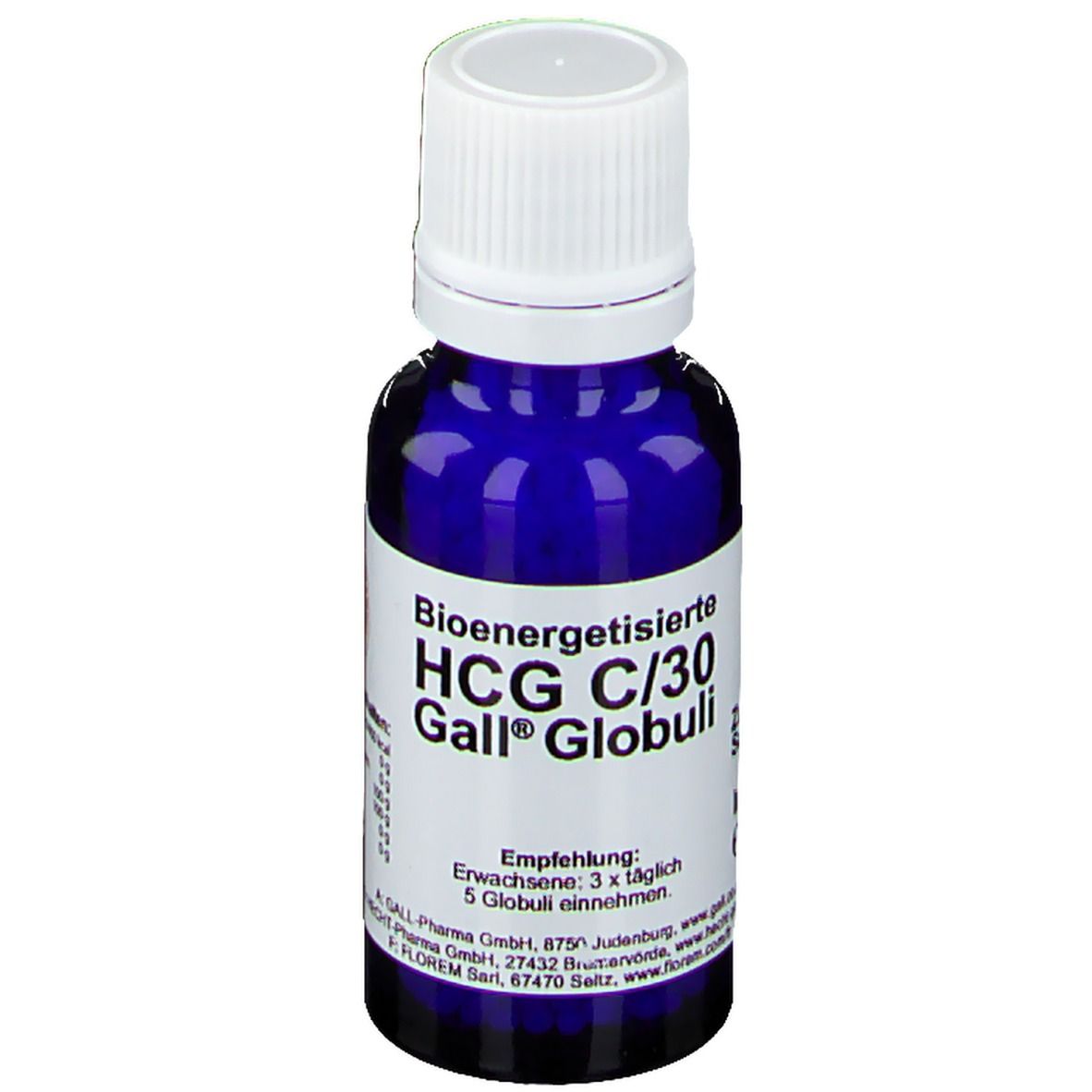 Blaue Glasflasche mit weißem Deckel. Beschriftung: Bioenergetisierte HCG C/30 Gall® Globuli. Empfehlung: 3x täglich 5 Globuli.