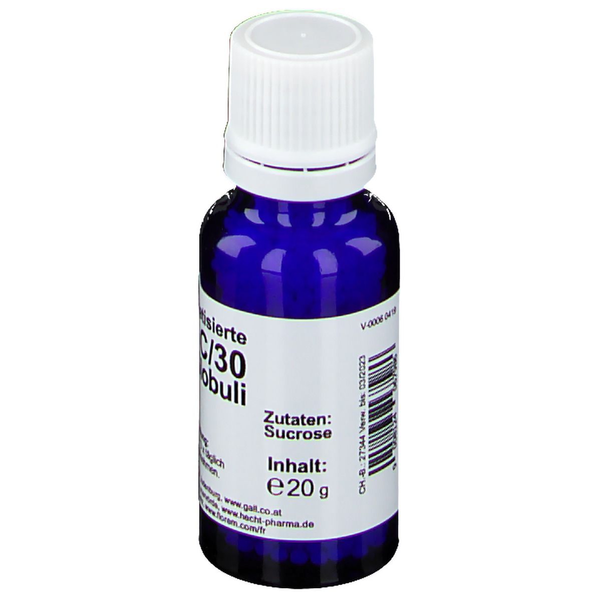 Blaue Glasflasche mit weißem Deckel. Beschriftung: Zutaten: Sucrose. Inhalt: e20 g. Barcode und weitere Angaben.