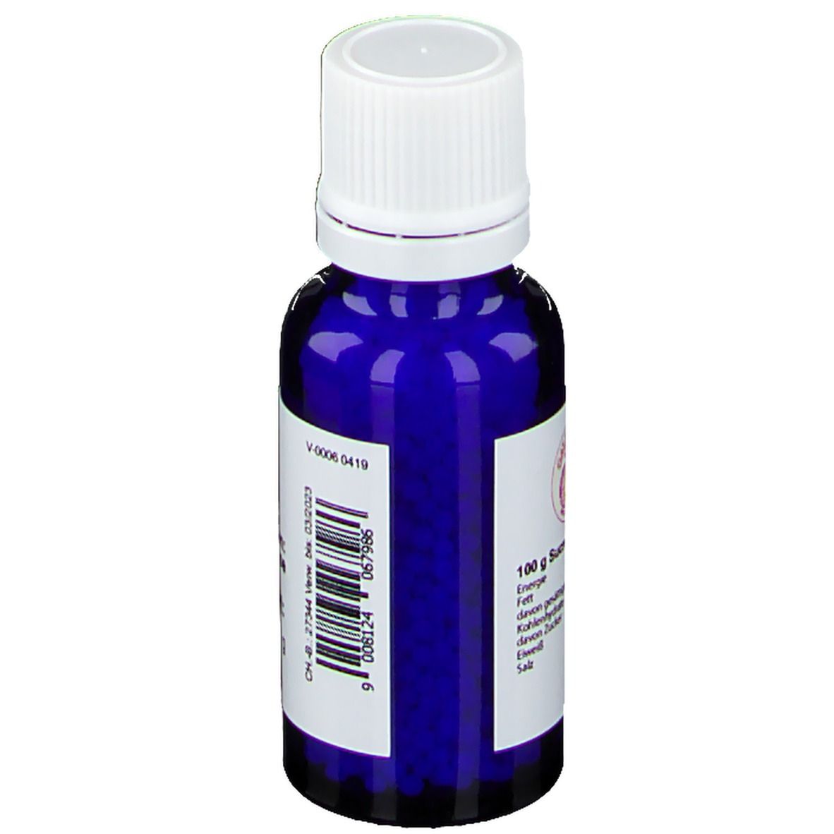 Blaue Glasflasche mit weißem Deckel. Beschriftung: 100 g Sucrose. Nährwertangaben. Barcode und weitere Angaben.