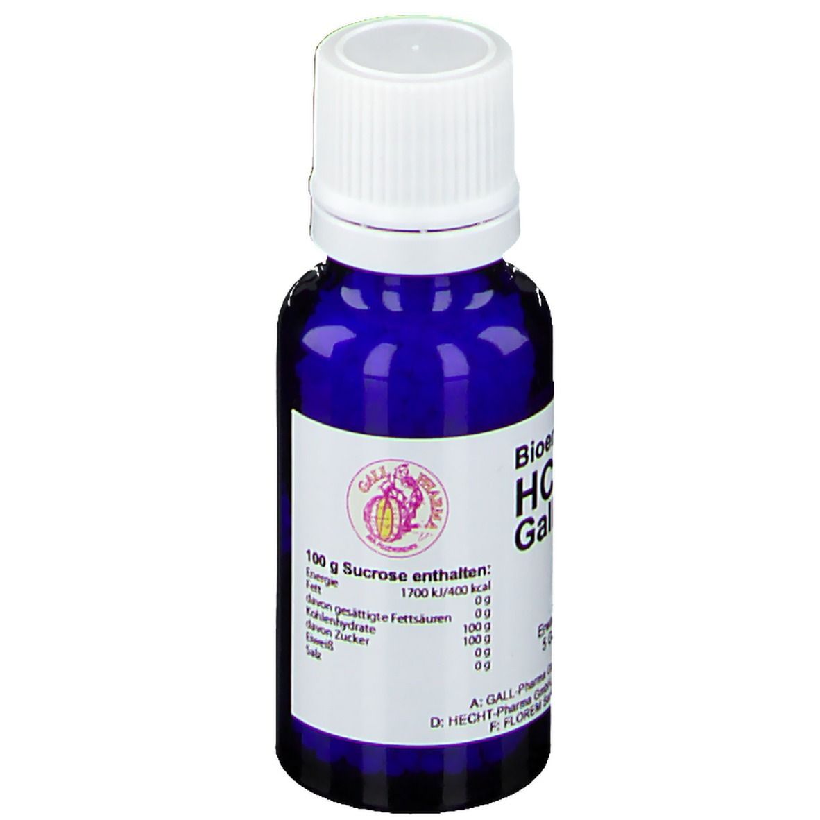 Blaue Glasflasche mit weißem Deckel. Beschriftung: 100 g Sucrose enthalten: Nährwertangaben. Logo Gall® Pharma.