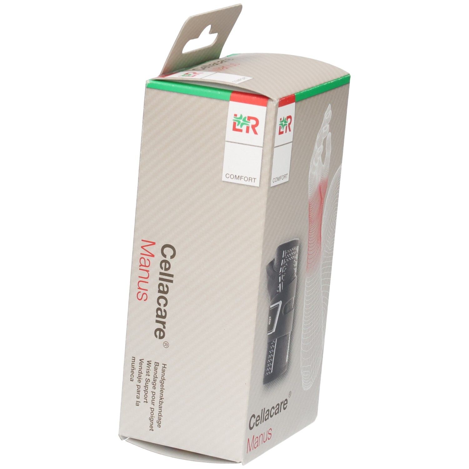 Seitenansicht der Verpackung einer L&R Cellacare® Manus Comfort Handgelenkbandage.