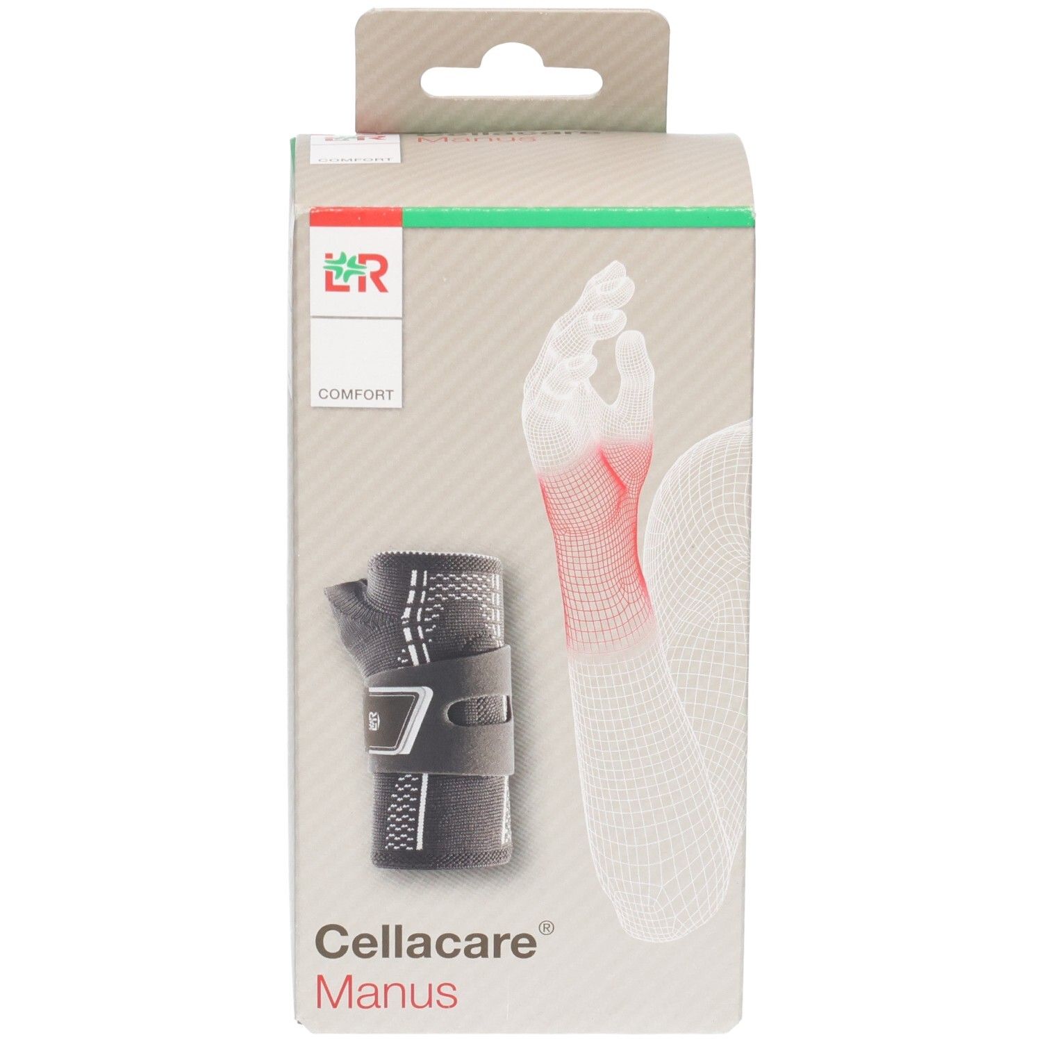 Verpackung einer L&R Cellacare® Manus Comfort Handgelenkbandage mit Abbildung des Produkts und einer Hand.