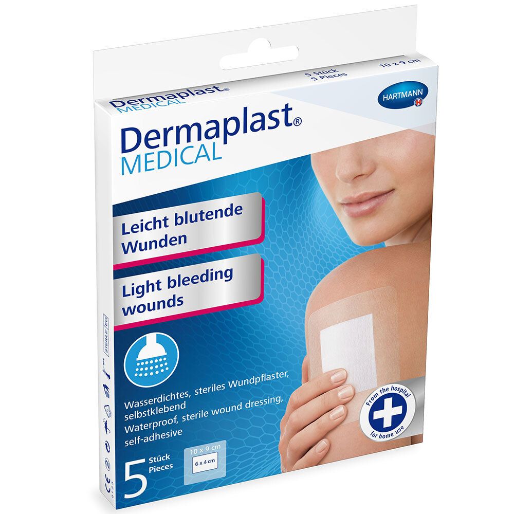 Verpackung von Dermaplast® MEDICAL. 5 sterile Wundpflaster, selbstklebend. Aufdruck: "Leicht blutende Wunden".