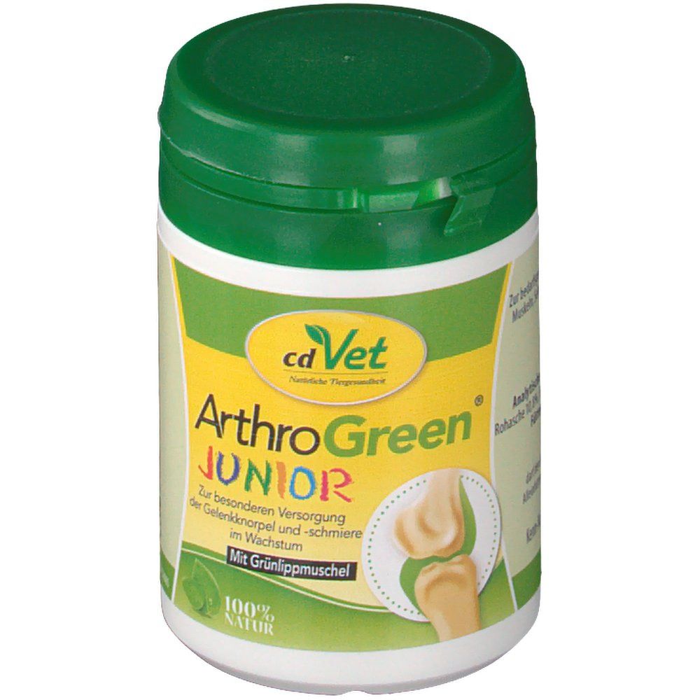 Weiße Dose mit grünem Deckel. Aufschrift: cdVet ArthroGreen JUNIOR. Illustration eines Gelenks. 100% Natur.