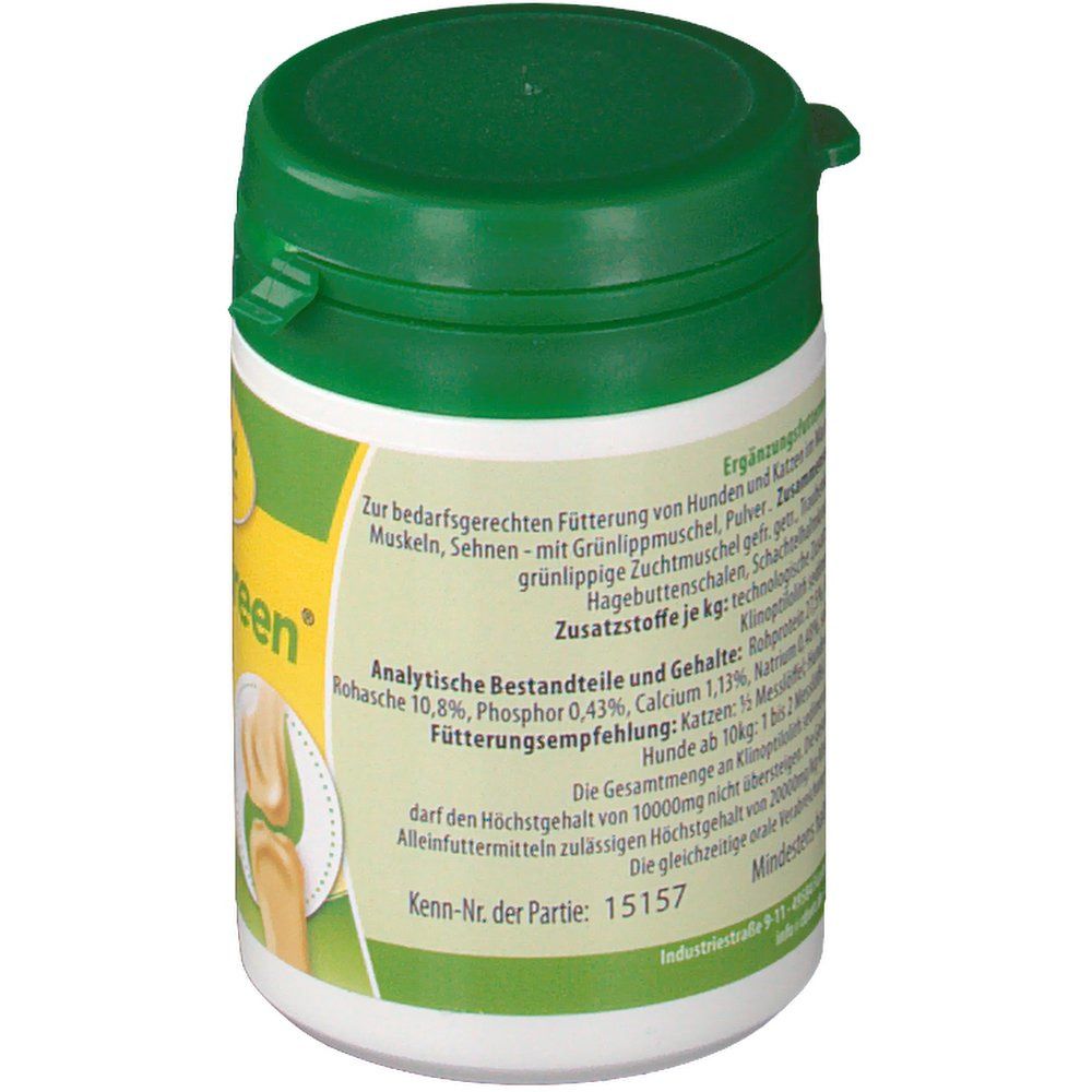 Rückseite der Dose. Text über Inhaltsstoffe und Fütterungsempfehlung. Grüner Aufkleber mit Produktnamen und Logo.