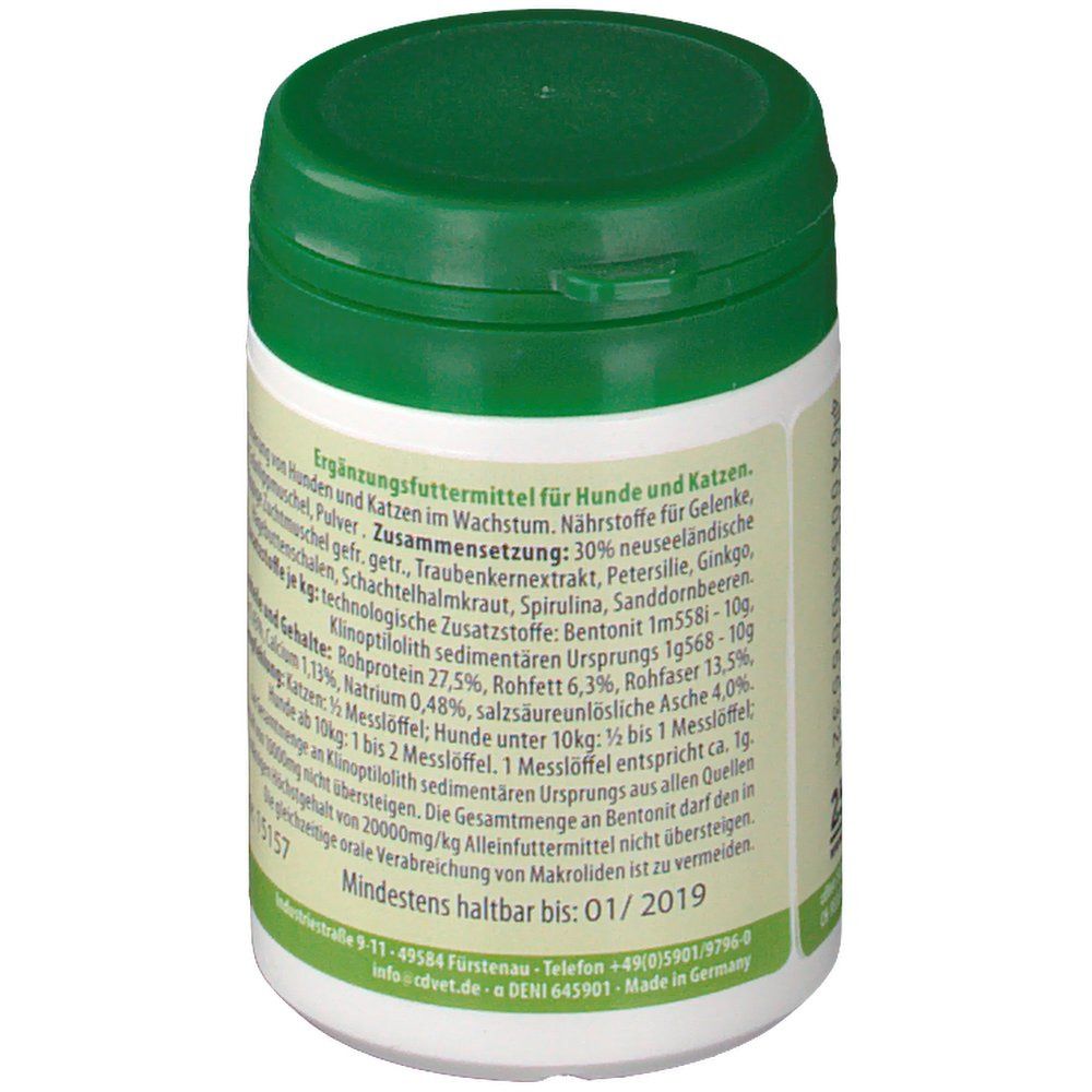 Rückseite der Dose. Text über Inhaltsstoffe und Fütterungsempfehlung. Grüner Aufkleber mit Produktnamen und Logo.