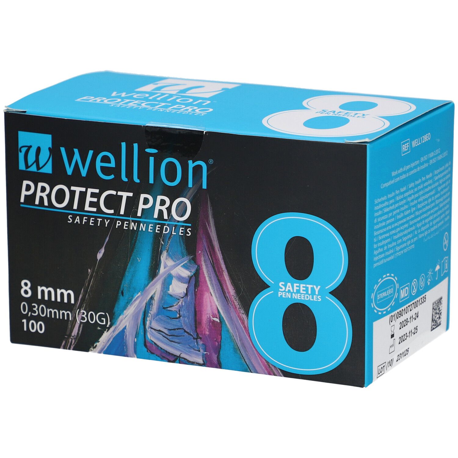 Blau-schwarze Schachtel mit Produktinformationen. Aufschrift: Wellion PROTECT PRO, 8 mm, 0,30 mm, 100. Sicherheits-Pen-Nadeln.