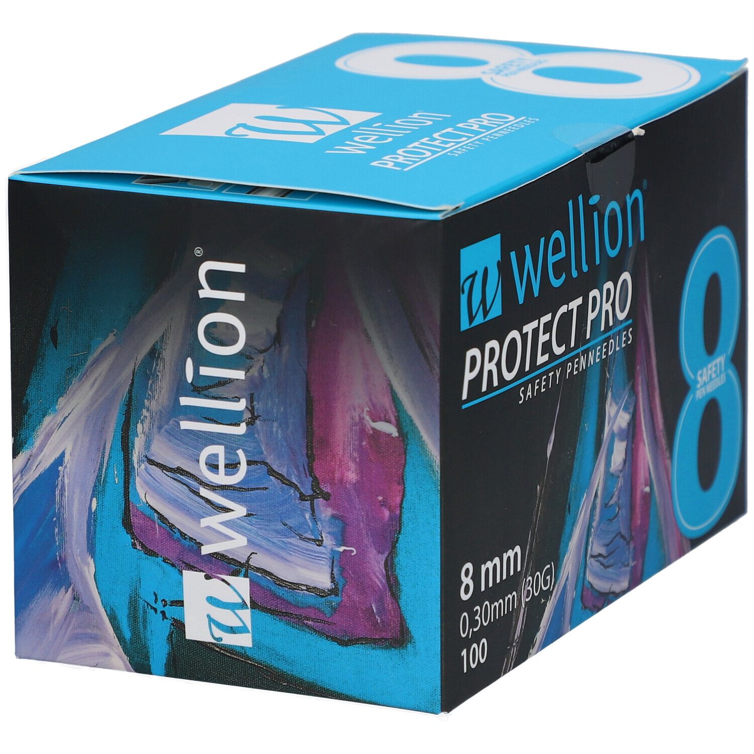 Blau-schwarze Schachtel mit Produktinformationen. Aufschrift: Wellion PROTECT PRO, 8 mm, 0,30 mm, 100. Sicherheits-Pen-Nadeln.