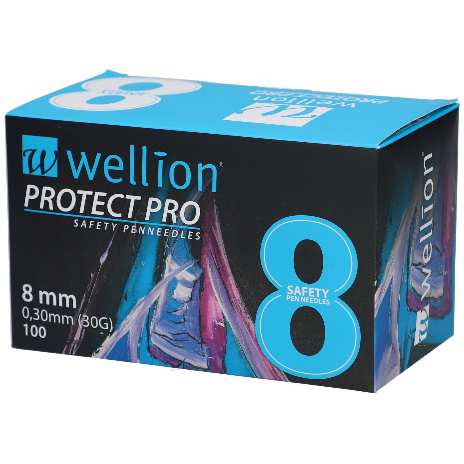 Blau-schwarze Schachtel mit Produktinformationen. Aufschrift: Wellion PROTECT PRO, 8 mm, 0,30 mm, 100. Sicherheits-Pen-Nadeln.