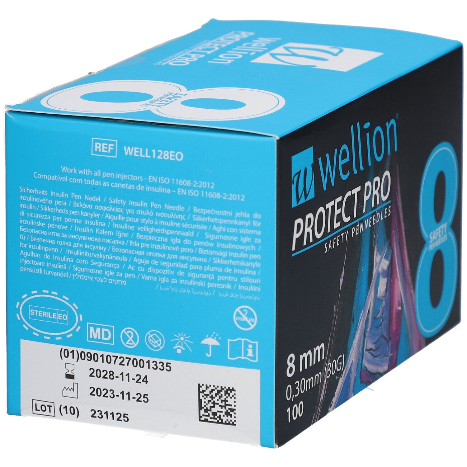 Blau-schwarze Schachtel mit Produktinformationen. Aufschrift: Wellion PROTECT PRO, 8 mm, 0,30 mm, 100. Sicherheits-Pen-Nadeln. Zusätzliche Informationen.