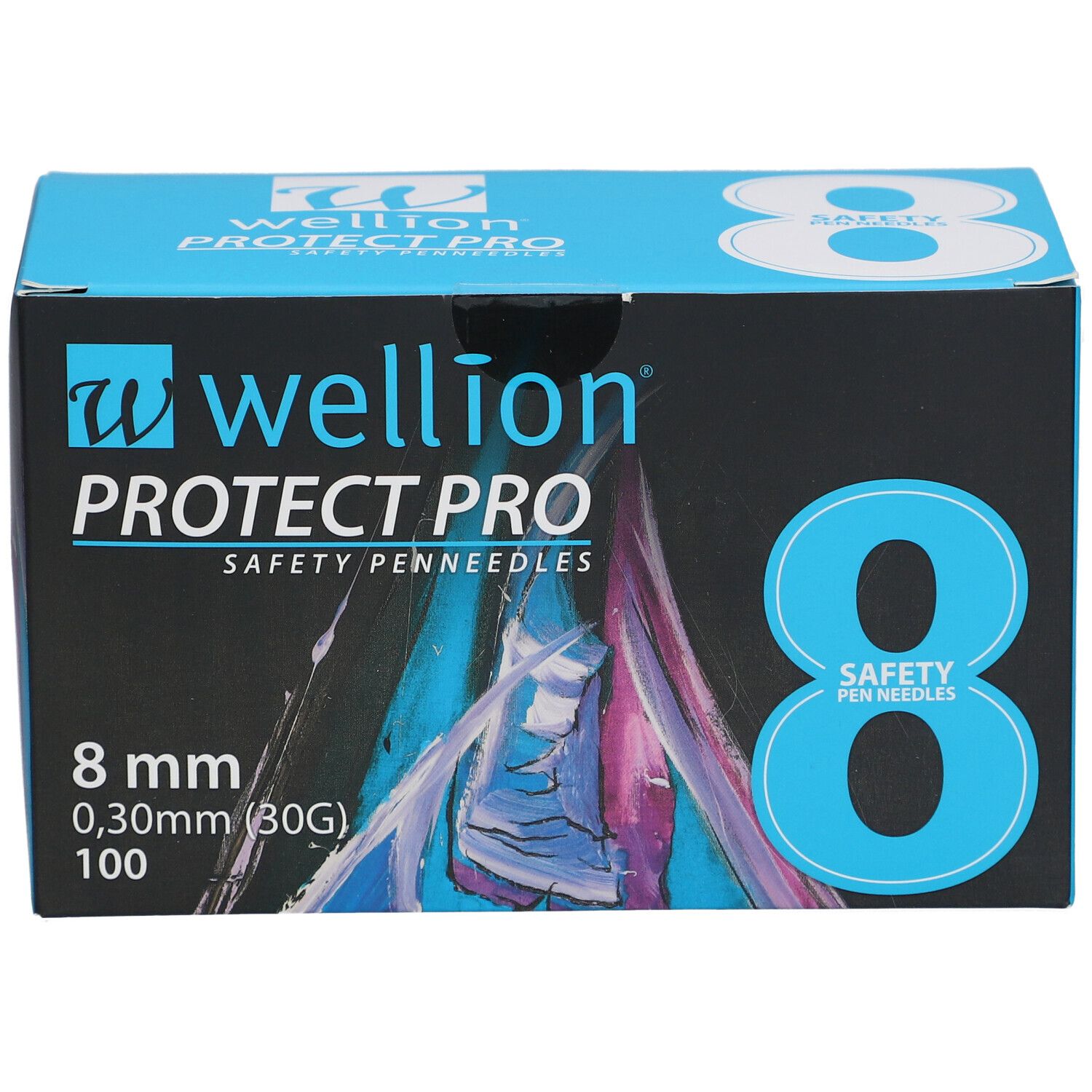 Blau-schwarze Schachtel mit Produktinformationen. Aufschrift: Wellion PROTECT PRO, 8 mm, 0,30 mm, 100. Sicherheits-Pen-Nadeln.
