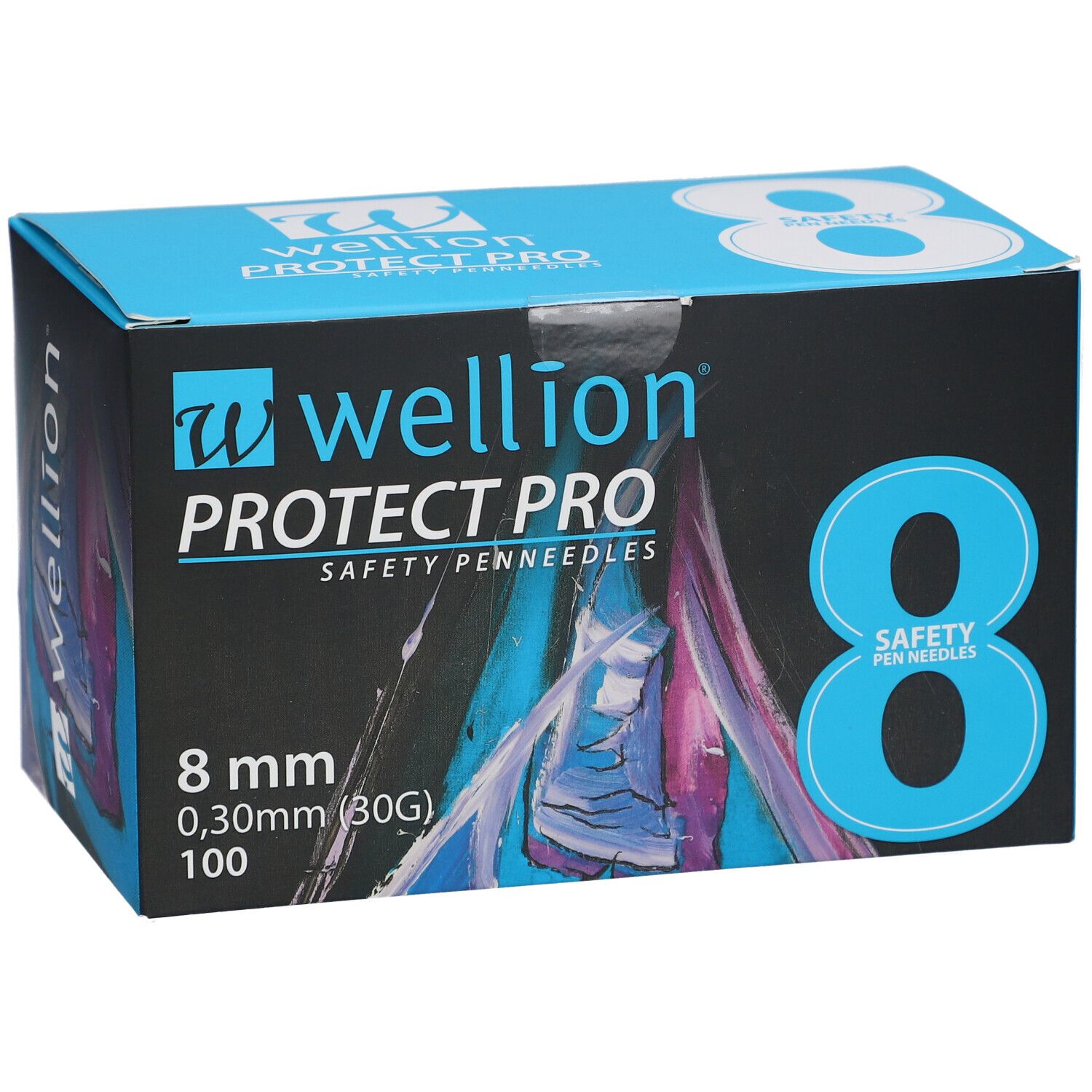Blau-schwarze Schachtel mit Produktinformationen. Aufschrift: Wellion PROTECT PRO, 8 mm, 0,30 mm, 100. Sicherheits-Pen-Nadeln.