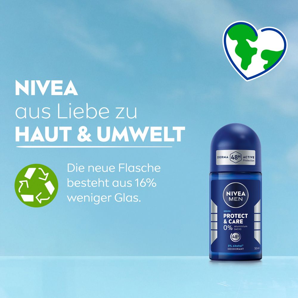 NIVEA MEN Protect & Care Roll-On. Neue Flasche aus 16% weniger Glas. Für Haut & Umwelt.