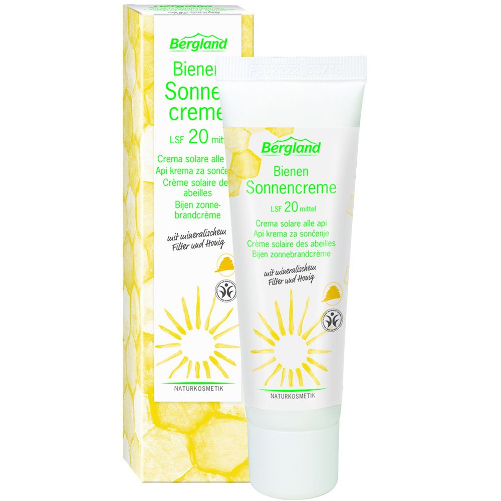 Sonnencreme-Tube und Schachtel. Aufschrift: Bergland Bienen Sonnencreme LSF 20 mittel. Naturkosmetik-Siegel.