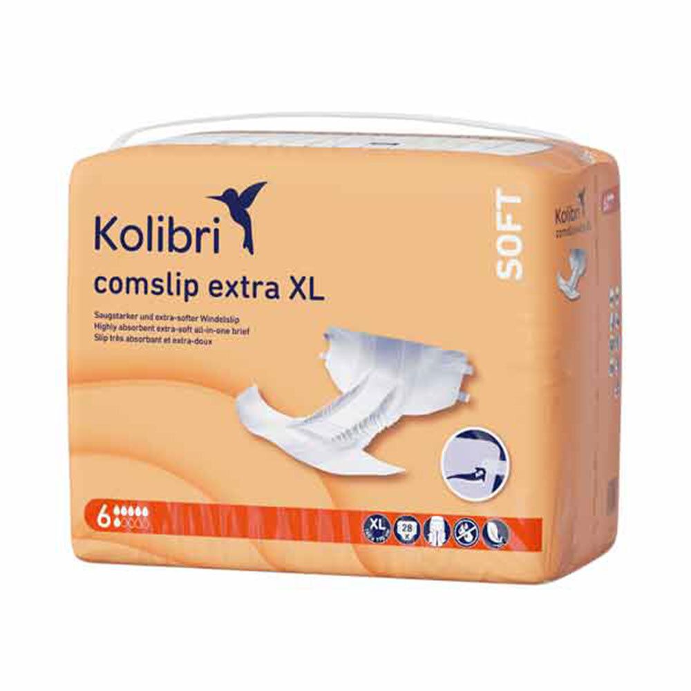 Verpackung Kolibri comslip extra XL. Beige-orangefarbene Packung mit Produktabbildung und Logo. Enthält 6 Stück.