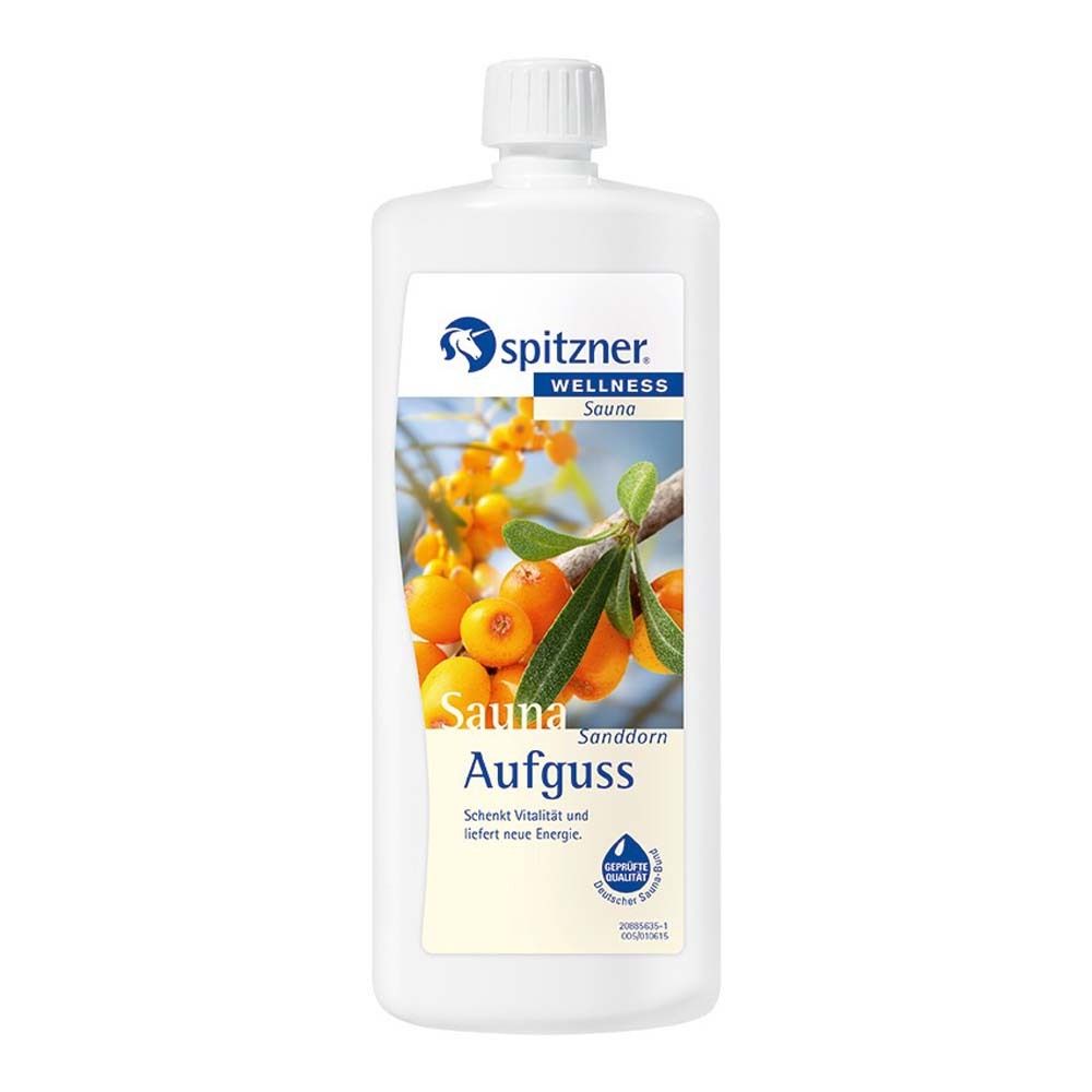 Weiße Flasche mit Etikett. Etikett zeigt Sanddorn-Zweig. Schriftzug: Spitzner Wellness Sauna Aufguss. Mit Qualitätszeichen.
