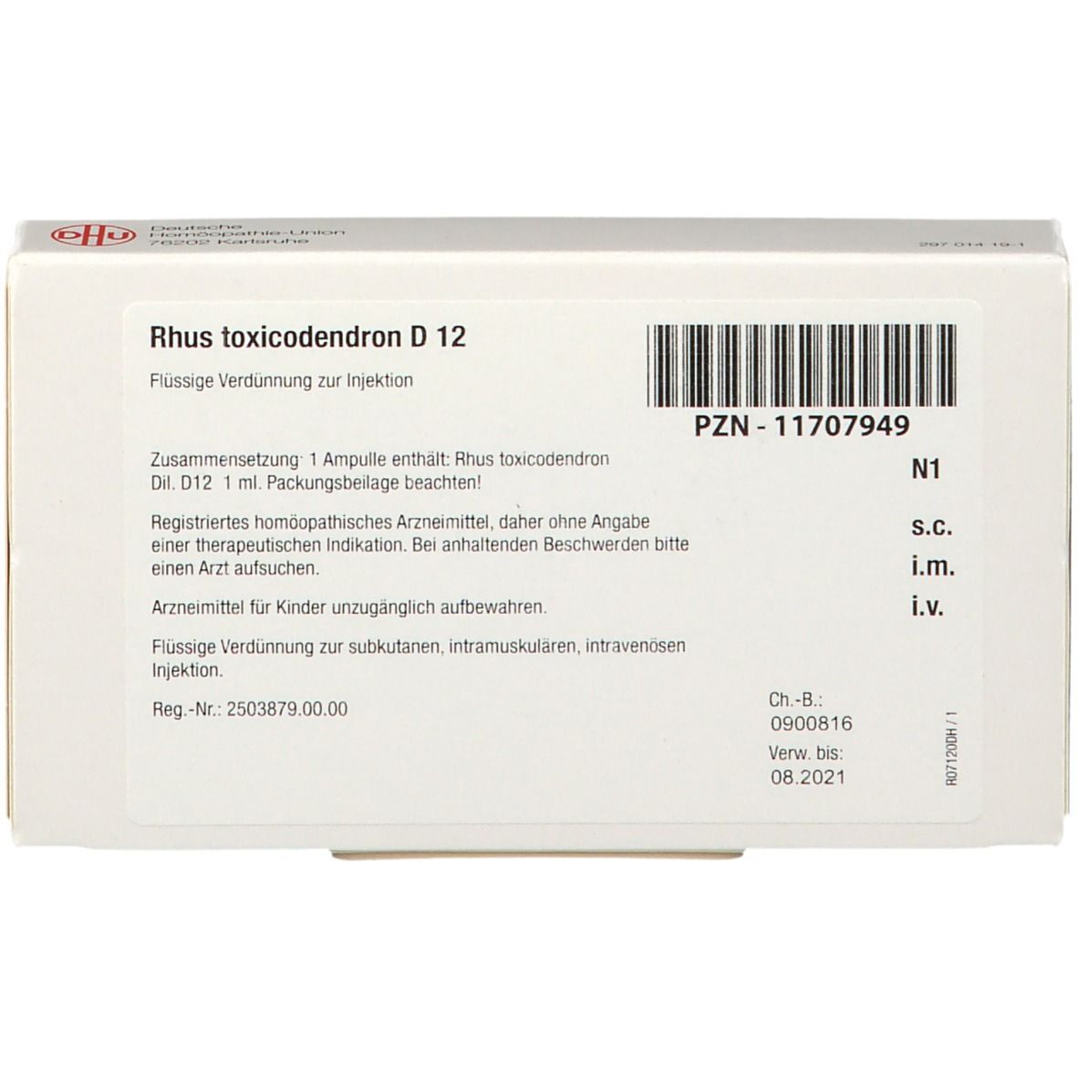 Rückseite der Packung DHU Rhus toxicodendron D12. Enthält Text und Barcode. Homöopathisches Arzneimittel.