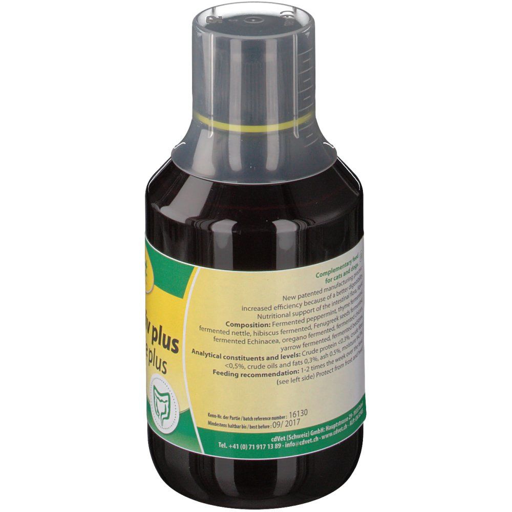 Rückansicht der Flasche. Etikett mit Inhaltsstoffen und Nährwertangaben. Transparenter Messbecher. Gelber Verschluss.