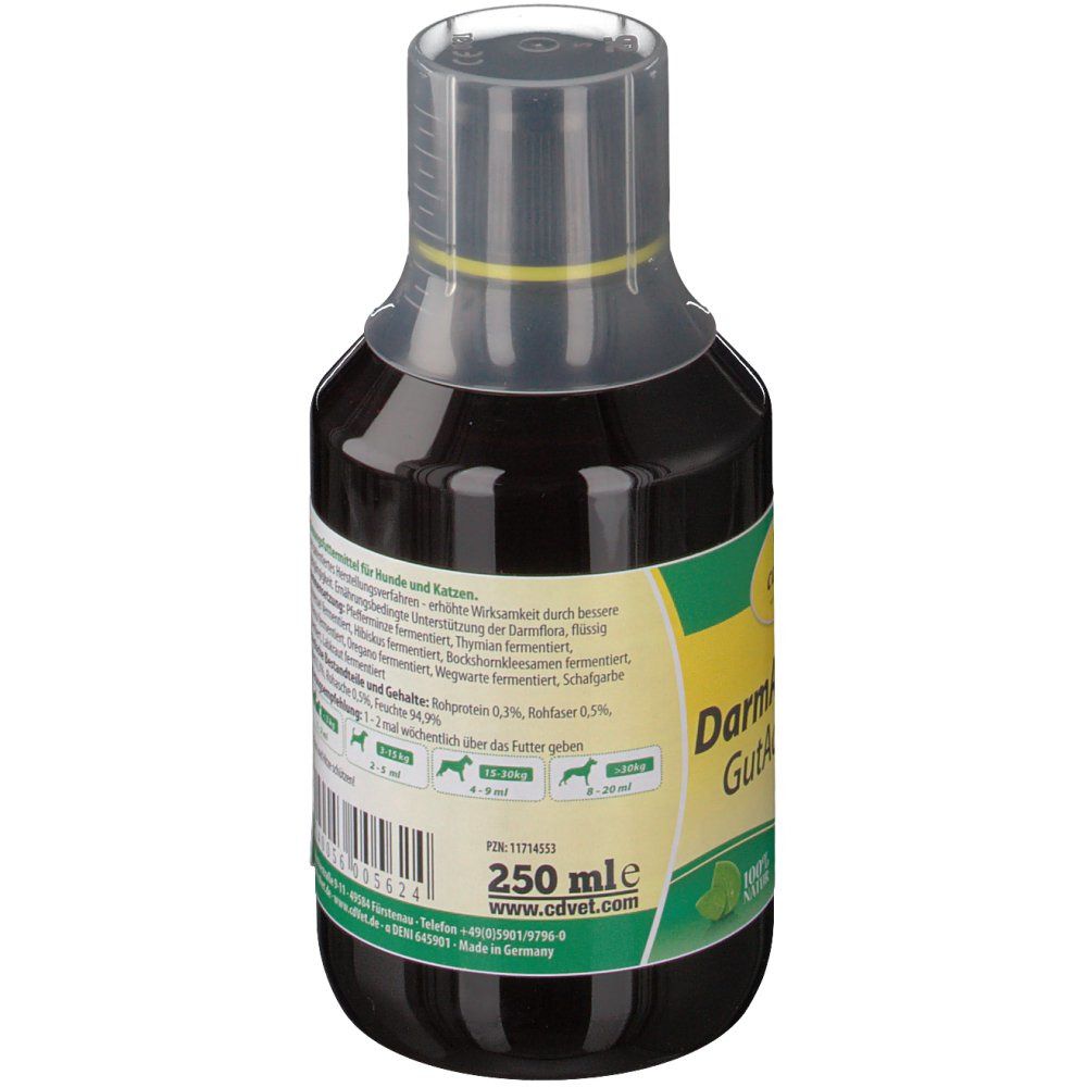 Flasche mit gelb-grünem Etikett. Aufschrift: cd Vet DarmAktiv plus. 250 ml. Transparenter Messbecher. Gelber Verschluss.