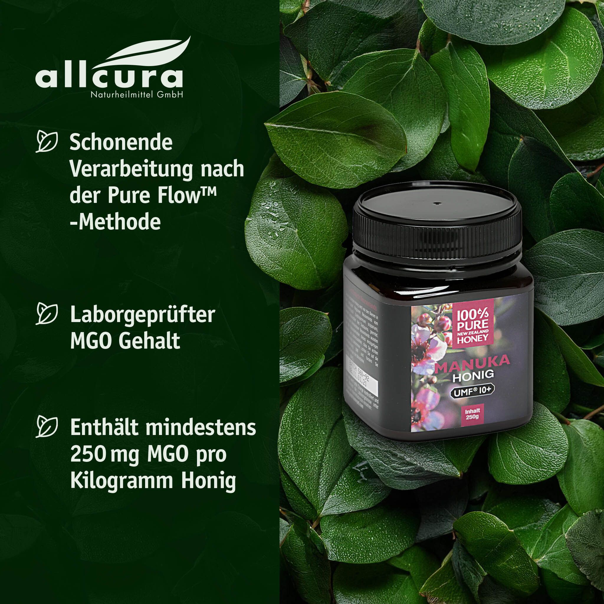 Honigglas vor grünem Hintergrund. Text: "allcura". Text: "Schonende Verarbeitung". Text: "Laborgeprüfter MGO Gehalt".
