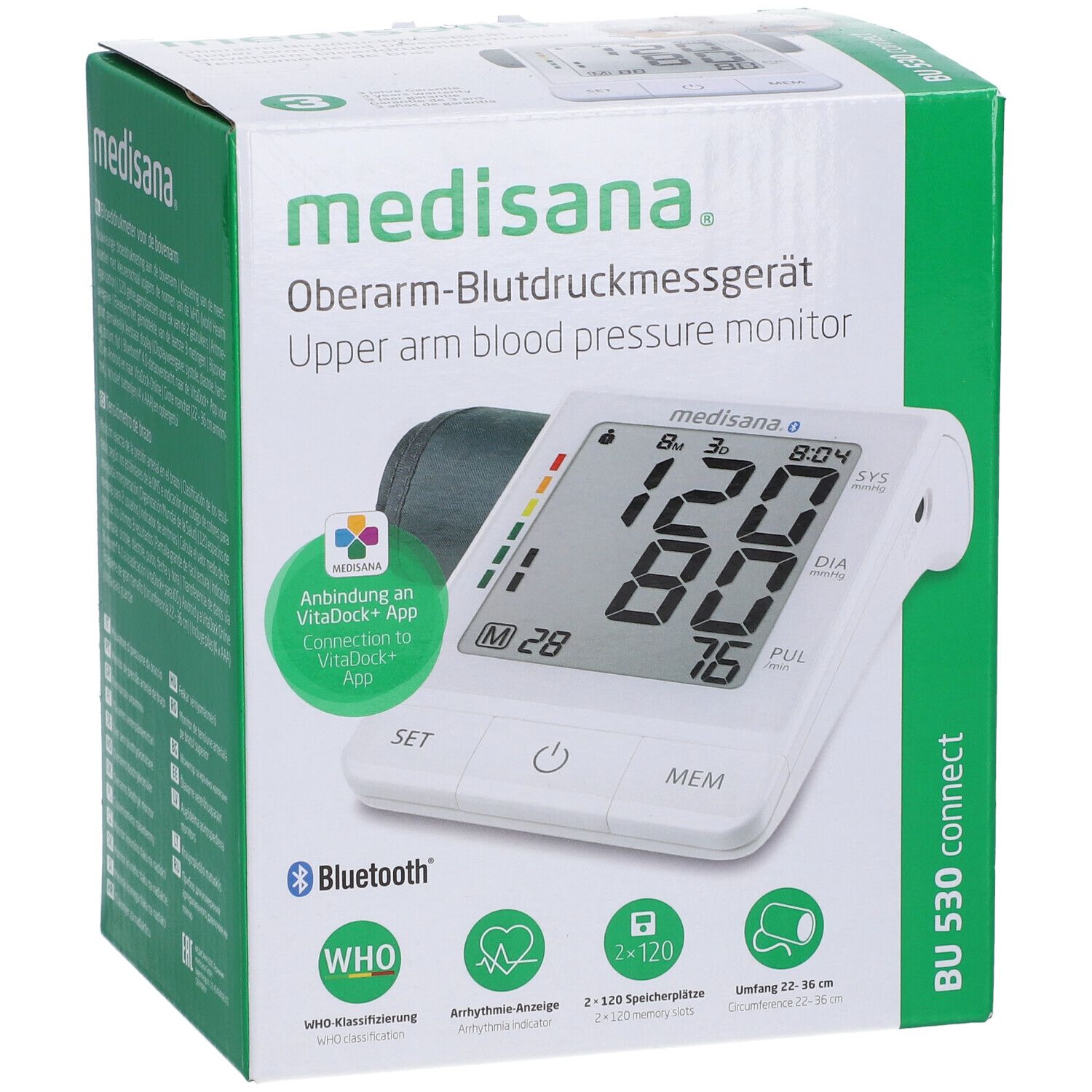 Vorderseite der Verpackung des Medisana Oberarm-Blutdruckmessgeräts BU 530 connect. Gerät mit Display und Zubehör.
