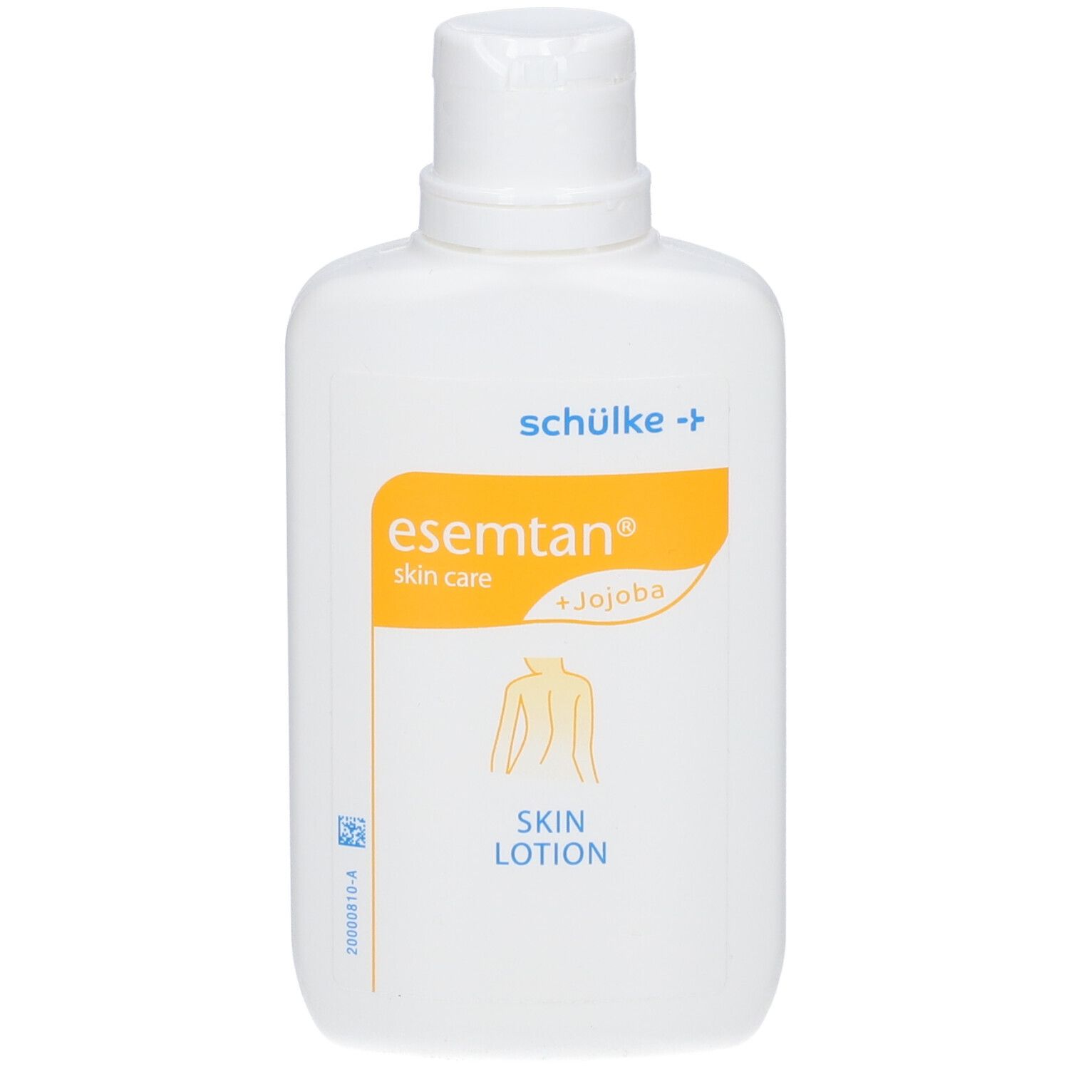 Weiße Flasche esemtan® Skin Care Lotion mit gelbem Etikett. Aufdruck: Skin Lotion, + Jojoba, und eine schematische Darstellung des Rückens.