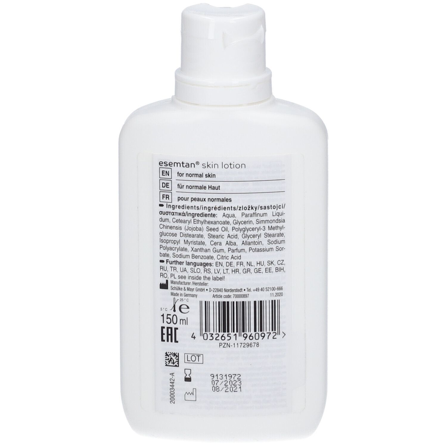 Rückseite der weißen esemtan® Skin Lotion Flasche. Text: für normale Haut, Inhaltsstoffe, 150ml, EAN-Code, Chargennummer und Herstellerinformationen.