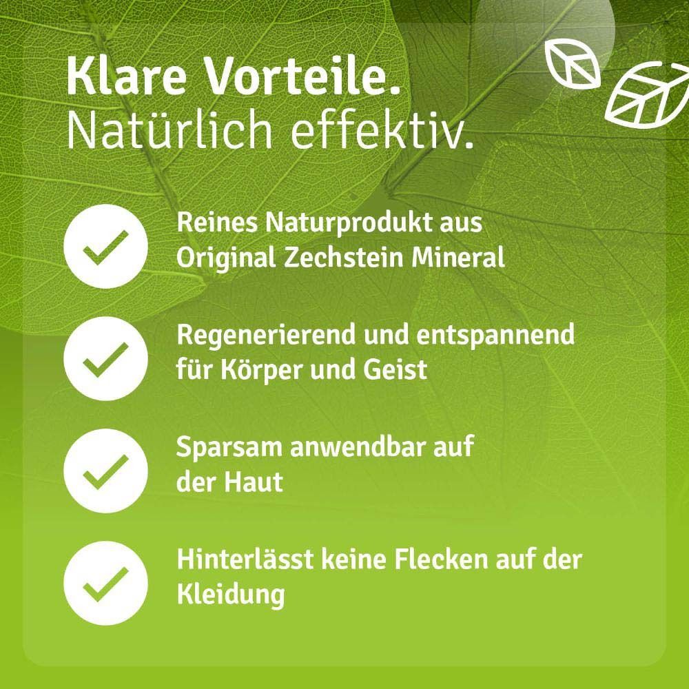 Grüner Hintergrund mit Text: Klare Vorteile. Reines Naturprodukt, regenerierend, sparsam anwendbar, hinterlässt keine Flecken.
