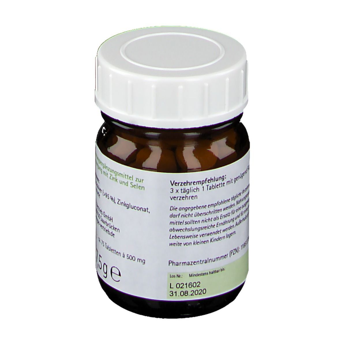 Braune Glasflasche mit weißem Deckel. Rückseite mit Produktinformationen. Enthält Tabletten. Mindesthaltbarkeitsdatum.