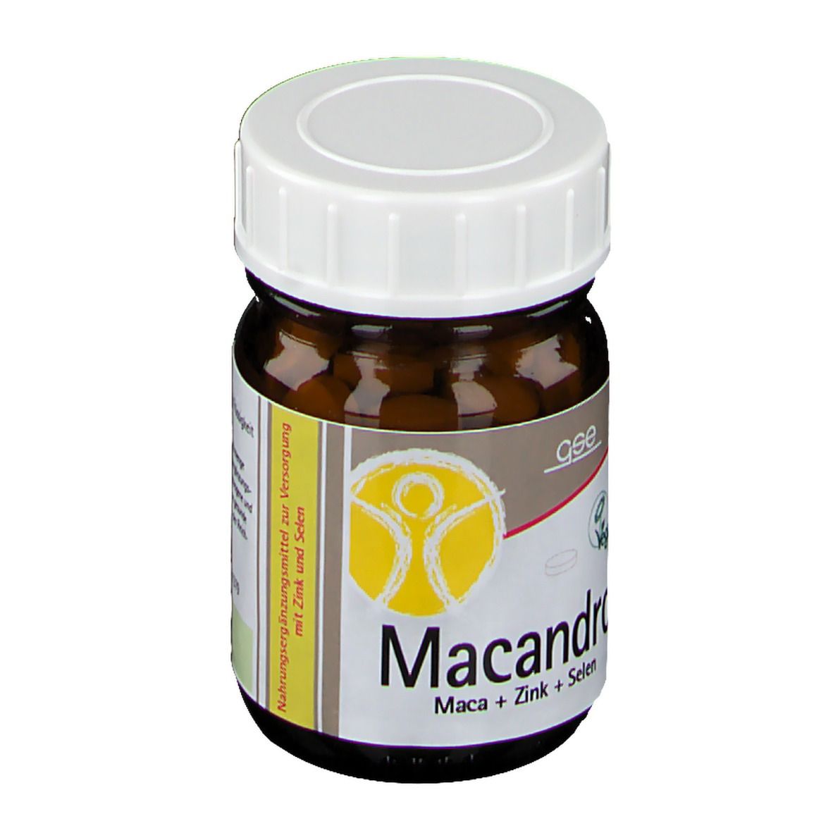 Braune Glasflasche mit weißem Deckel. Etikett mit Produktnamen und Logo. Enthält Tabletten. Gelbes Logo.