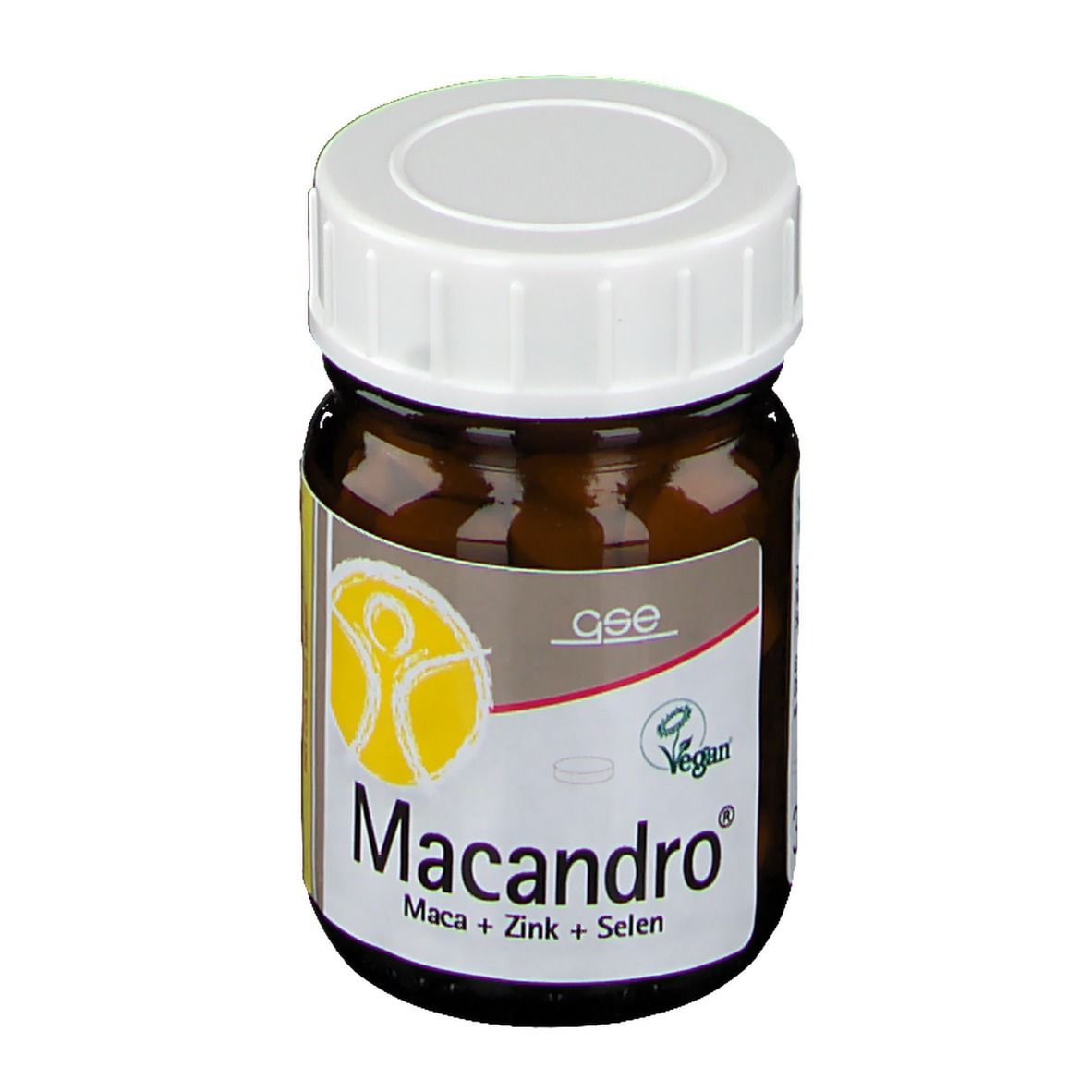 Braune Glasflasche mit weißem Deckel. Etikett mit Produktnamen und Logo. Vegan-Siegel.