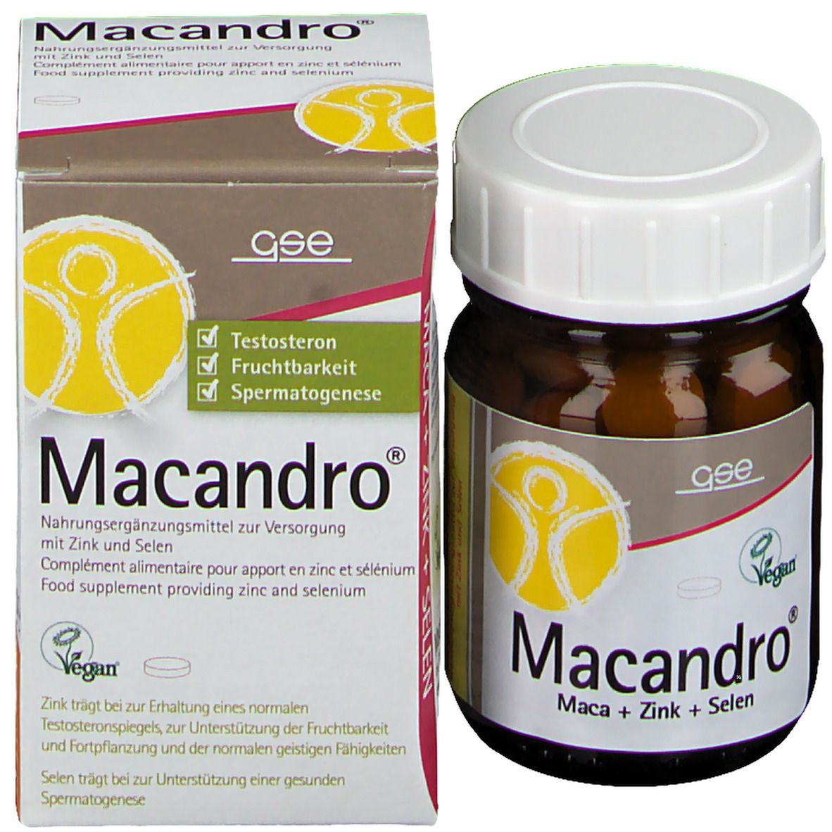 Produktflasche und Verpackung. Braune Flasche, weißer Deckel. Karton mit Produktinformationen und Logo.