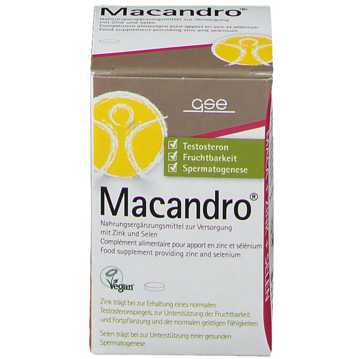 Produktverpackung. Karton mit Produktnamen, Logo und Informationen. Vegan-Siegel. Gelbes Logo.