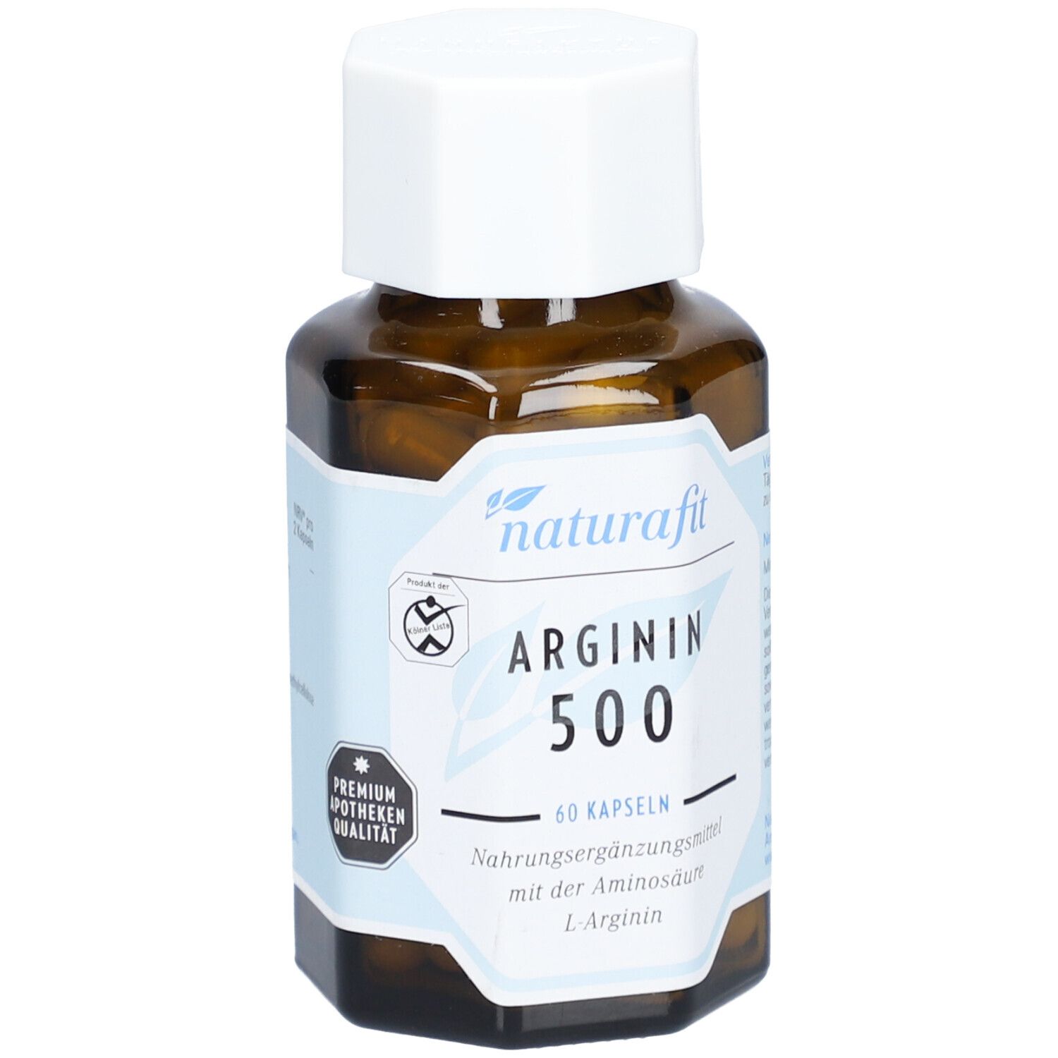 Braune Glasflasche mit weißem Deckel. Auf dem Etikett steht naturafit ARGININ 500, 60 Kapseln. Premium Apotheken Qualität.