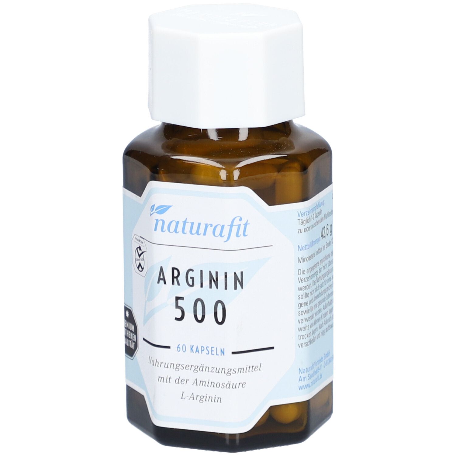 Braune Glasflasche mit weißem Deckel. Auf dem Etikett steht naturafit ARGININ 500, 60 Kapseln. Premium Apotheken Qualität.