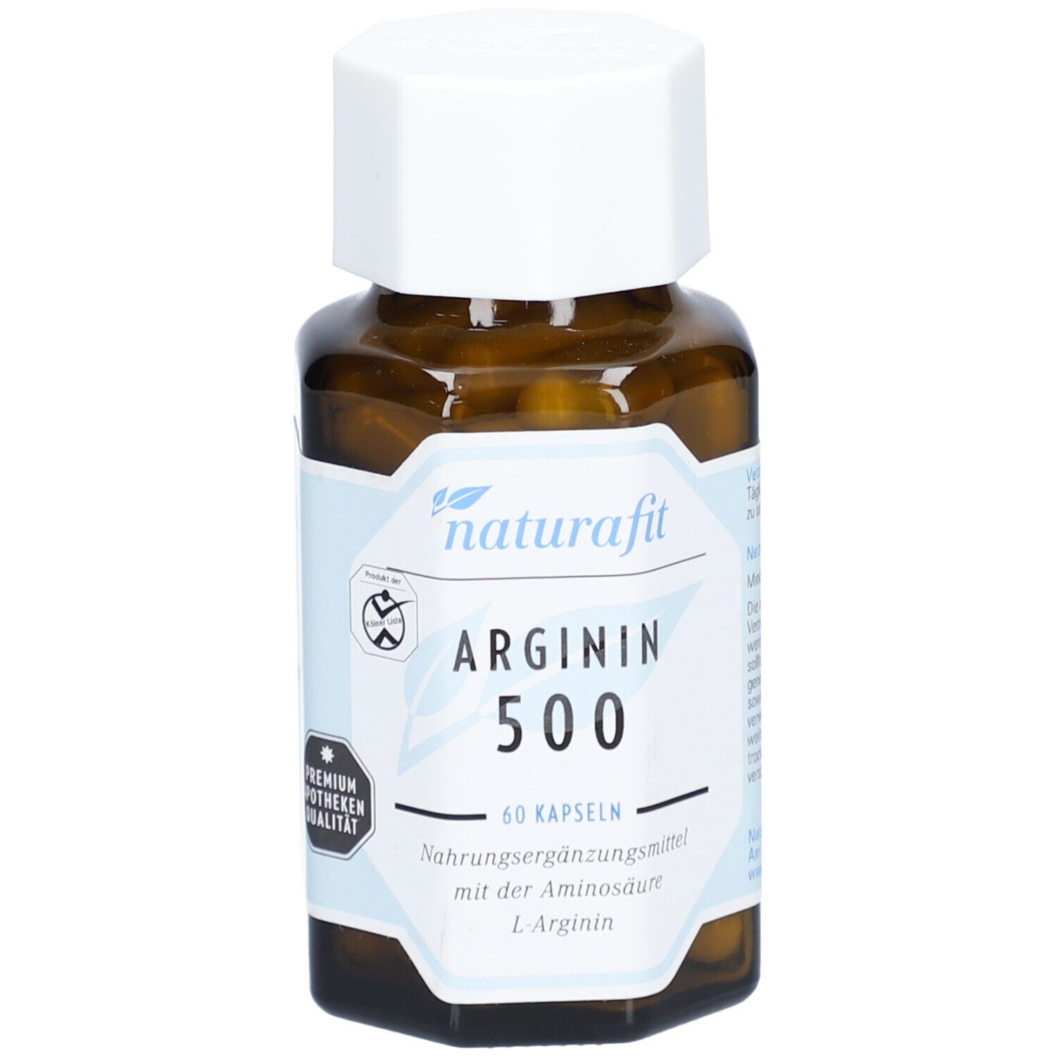 Braune Glasflasche mit weißen Deckel. Auf dem Etikett steht naturafit ARGININ 500, 60 Kapseln. Premium Apotheken Qualität.