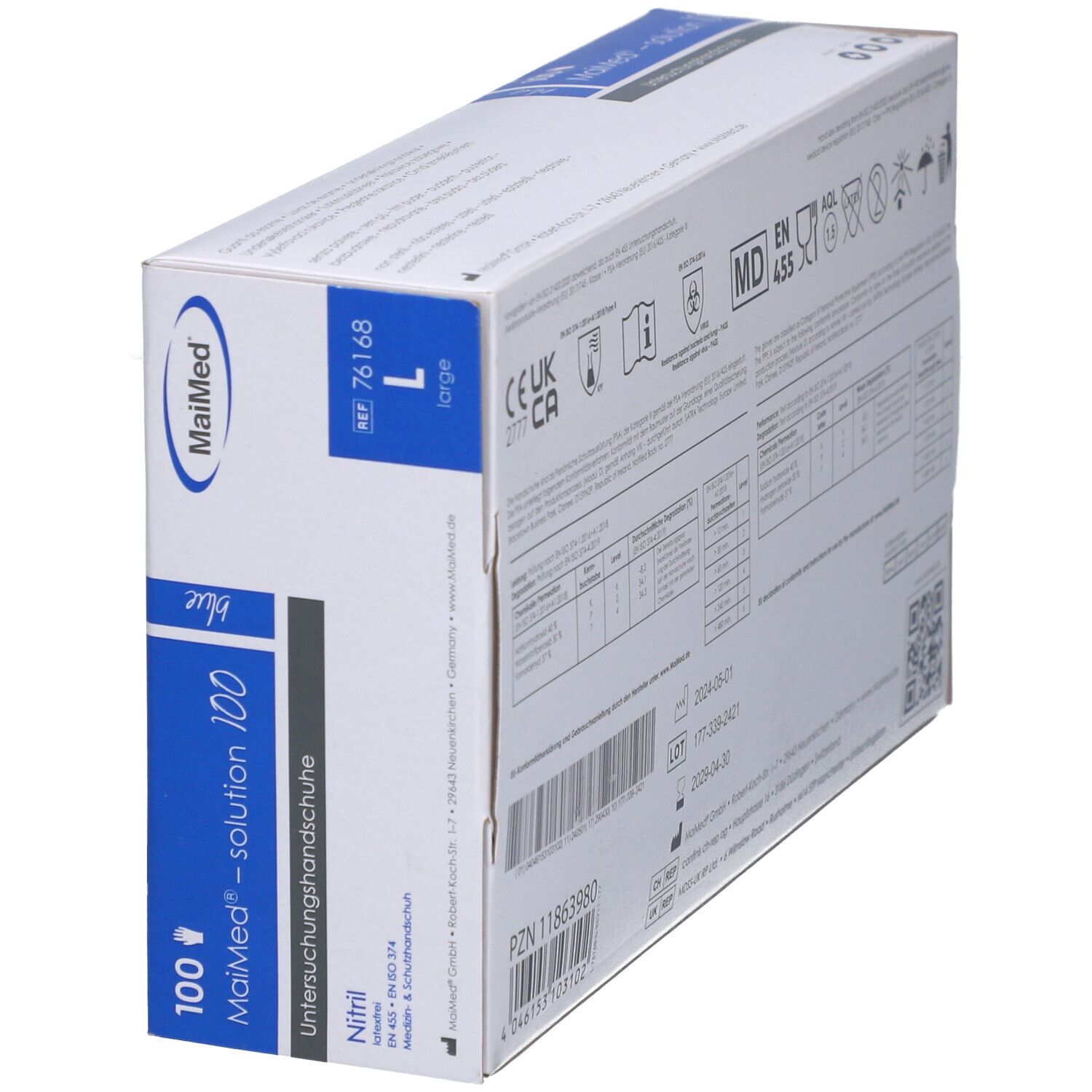 MaiMed-Handschuhbox, Eckansicht. Aufschrift: solution 100, Nitril, EN 455, Größe L. Blaue und weiße Verpackung.