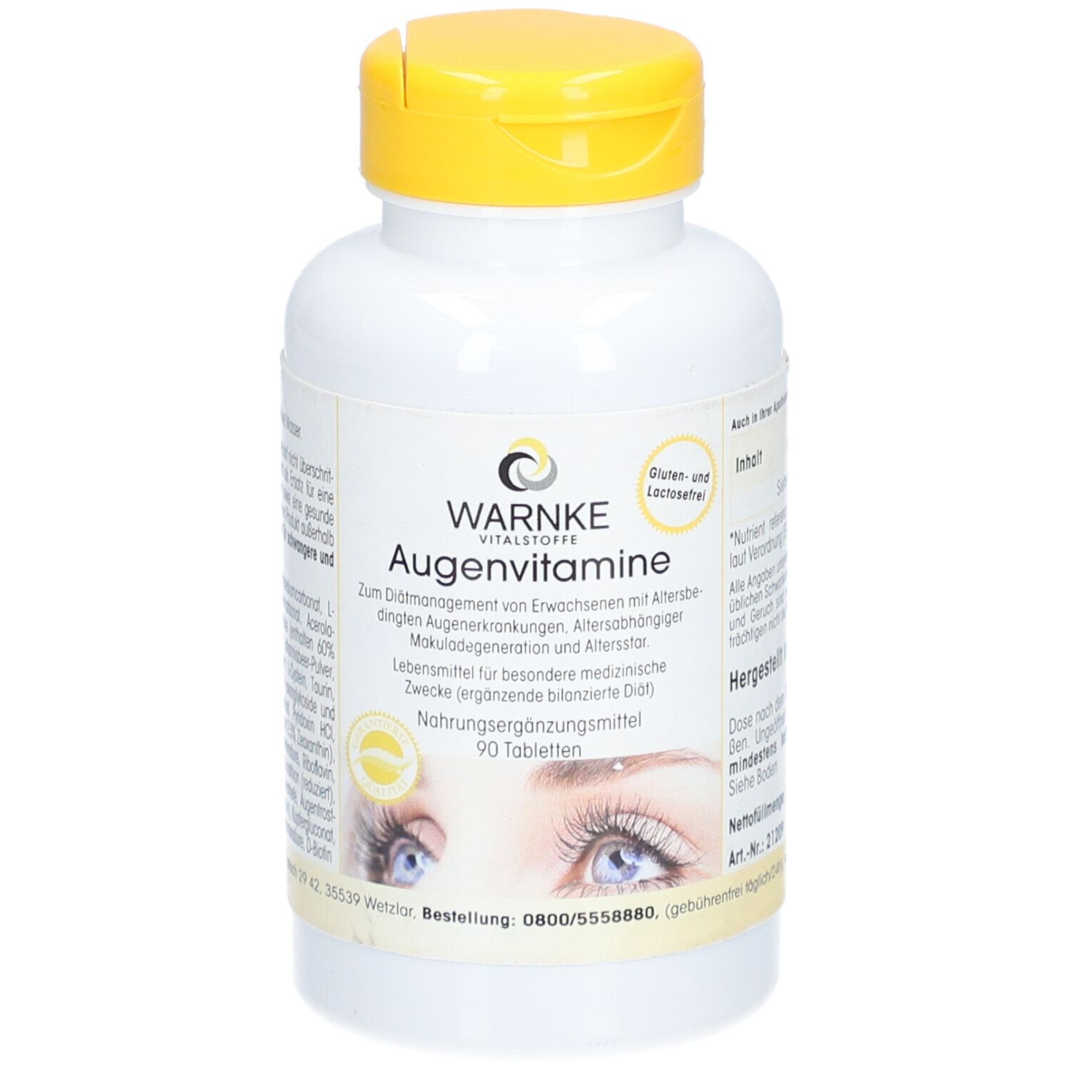 Weiße Flasche mit gelbem Deckel. Aufschrift WARNKE Augenvitamine. 90 Tabletten. Gluten- und lactosefrei.