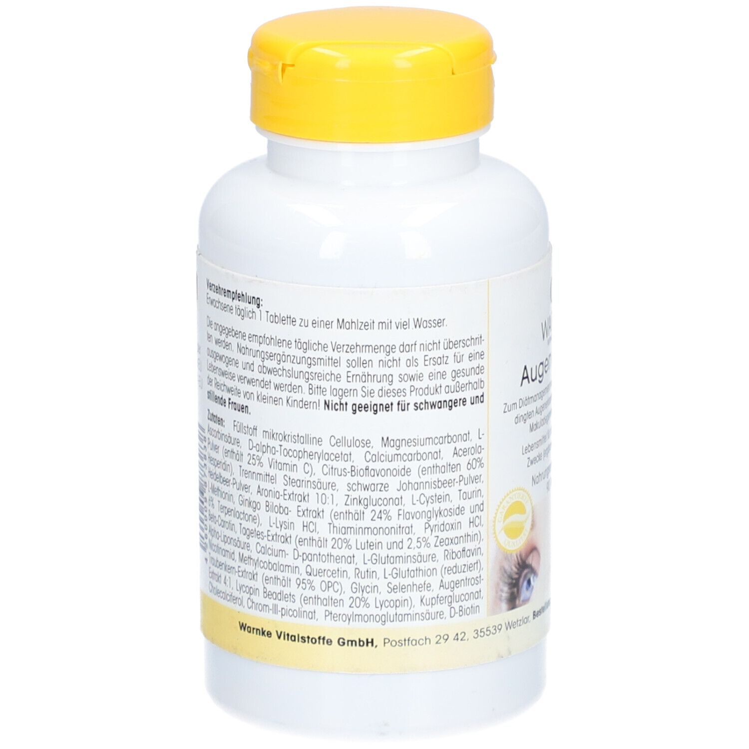 Rückseite der weißen Flasche mit gelbem Deckel. Zutatenliste und Verzehrempfehlung. WARNKE Vitalstoffe.