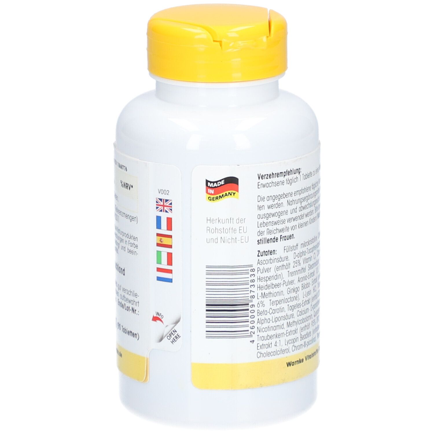 Rückseite der weißen Flasche mit gelbem Deckel. Herkunftsland: Deutschland. Mit Flaggen von EU-Ländern.