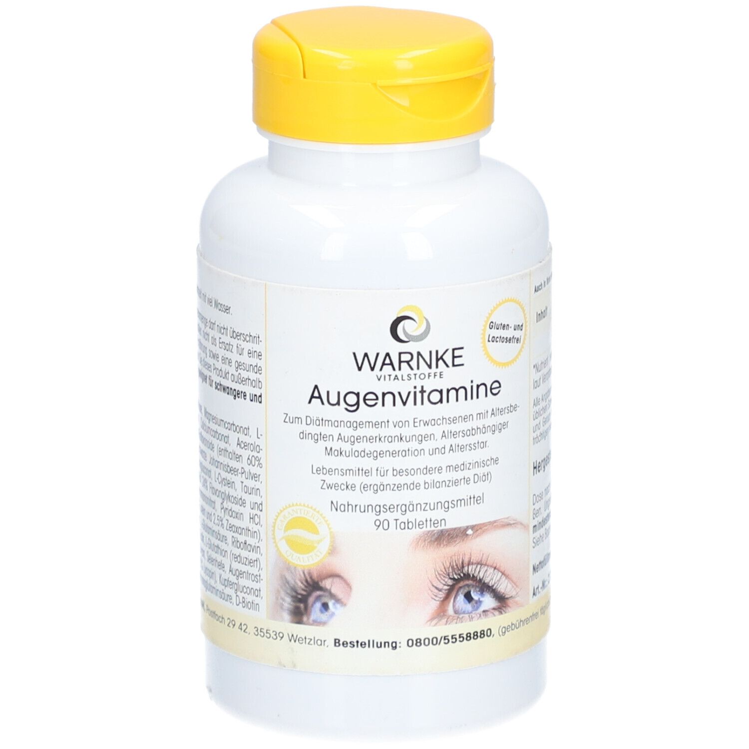 Weiße Flasche mit gelbem Deckel. Aufschrift WARNKE Augenvitamine. 90 Tabletten. Gluten- und lactosefrei.